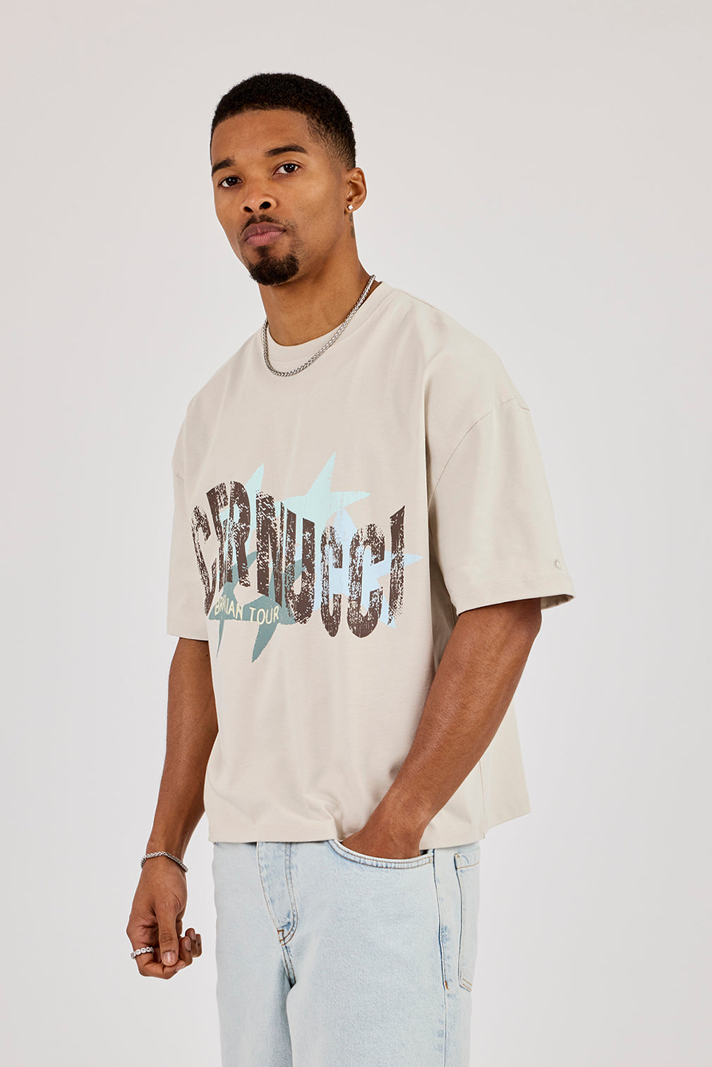 Cracked Cernucci Star Print Boxy T-Shirt - Stone